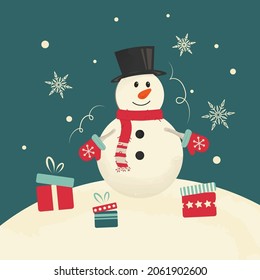 Flat Christmas Card with Snowman and Winter Landscape