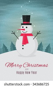 Flat Christmas Card with Snowman and Winter Landscape