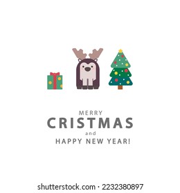 Flat Christmas Card with Christmas Tree, Elk, Gift Box