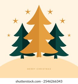 a flat Christmas card with Christmas trees and stars. cute minimalistic postcard