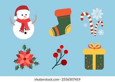 Flat Christmas cartoon elements collection, snowman, Santa sock, candy cane, poinsettia