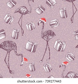 Flat christmas composition flamingo in the Santa Claus hat and gifts drawn by hand with a pencil. Seamless exotic new year pattern wallpaper