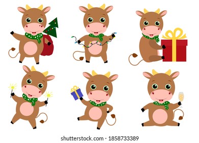 Flat christmas cute bulls set. Vector illustration