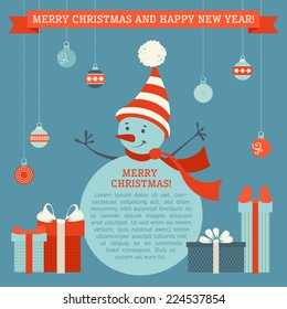 Flat Christmas design. Snowman, Christmas balls and gifts. There is place for your text.