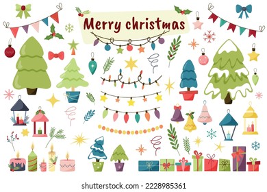 Flat christmas elements. Christmas tree, garland, candles, lanterns, gifts, decorations, bells, mistletoe branches