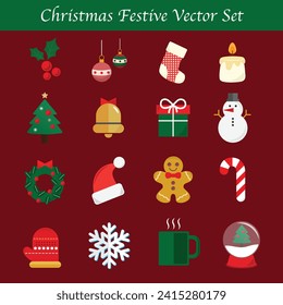 Flat Christmas Festive Vector Illustration Set