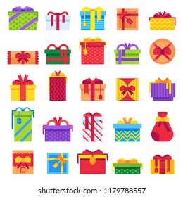 Flat Christmas Gifts. Winter holiday surprise present in gift box. Xmas presents or new year, holidays valentine day, birthday party wrap ribbon boxes isolated vector flat illustration sign set