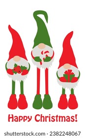 gnomos de Navidad planos. Tres gnomos sostienen artículos de Navidad. Diseño de camisetas de gnomo de Navidad y decoración de casa para las vacaciones de invierno.