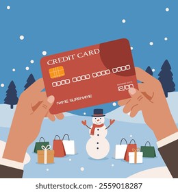 flat christmas holiday person shopping with credit card hand point of view illustration.