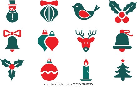 flat christmas icon set, red and green holiday vector Illustrations for winter design, scandinavian style, festive reindeer, snowman, and ornament symbols