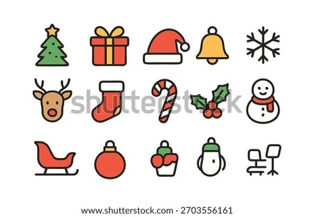 Flat Christmas Icon Set — Winter Holiday Symbols in Minimal Line Style