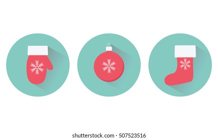 Flat Christmas icons with christmas attributes and shadows. Vector illustration