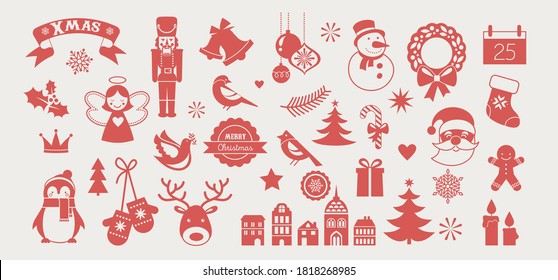 Flat Christmas icons, element for patterns, cards, apps stickers, vector background