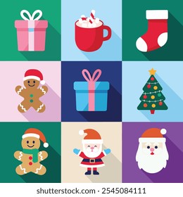 Flat Christmas icons featuring gifts, Santa Claus, gingerbread men, stockings, a Christmas tree, and a mug of hot cocoa with candy canes.  
