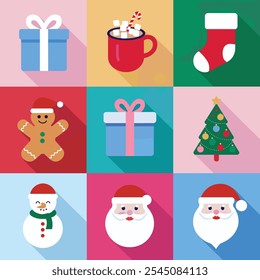 Flat Christmas icons featuring gifts, Santa Claus, gingerbread men, stockings, a Christmas tree, and a mug of hot cocoa with candy canes.  
