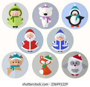 Flat Christmas icons. Retro design. Happy new year 