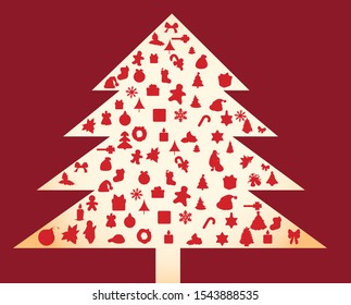 Flat Christmas Icons Set Santa bag with gifts, snowman, Christmas candy, bow, candle, socks, champagne box, mitten, bell, hat decoration, cookies, sleigh, snowflakes in beautiful red tree - vector