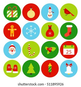 Flat Christmas Icons. Vector Illustration. Winter Holiday. Collection of Circle Items.