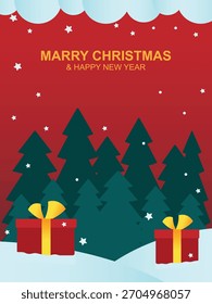 Flat Christmas illustration featuring pine trees, snow, and gift boxes on a red background. Warm festive colors make it perfect for holiday cards, posters, banners, and seasonal promotions.