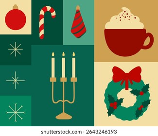 Flat Christmas and New Year vector set with holiday icons: wreath, candle, candy cane, hot drink, and snowflakes