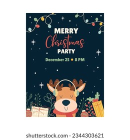 Flat christmas party invitation template with deer