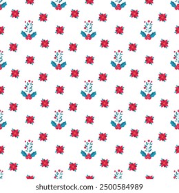 Flat christmas pattern design with leaves and mistletoe