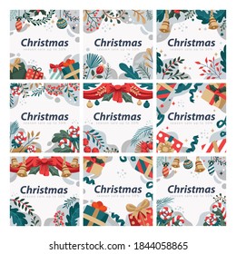 Flat Christmas Plants Cartoon Style For Social Media Template with floral background