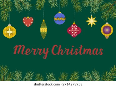 Postal de Navidades planas con fondo verde, ramas de abeto y pino, adornos festivos y texto de Navidades alegres. Ilustración vectorial para las vacaciones de invierno, saludos temáticos de la naturaleza y diseño de temporada.