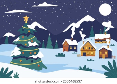 Flat christmas scene, Winter Wonderland Scenes, Snow-covered landscapes, cozy
cottages