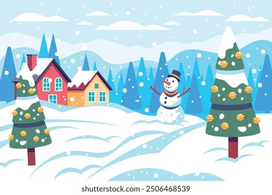Flat christmas scene, Winter Wonderland Scenes, Snow-covered landscapes, cozy
cottages