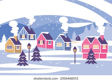 Flat christmas scene, Winter Wonderland Scenes, Snow-covered landscapes, cozy
cottages