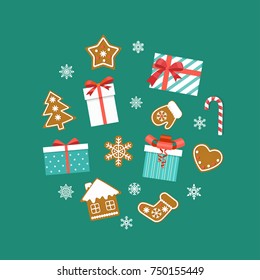 Flat christmas set. Gifts boxes, gingerbread cookies, snow flakes. Vector flat style  illustration
