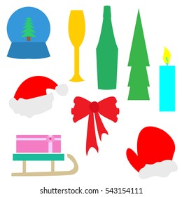 flat Christmas set, mitten ,fir tree, glass,champagne,candle,Santa hat,sled with gift,ball with tree and snow