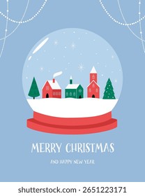Flat Christmas Snow Globe Illustration with Winter Village and Trees. Holiday Greeting Card.