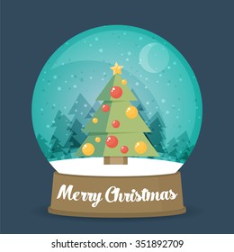 Flat Christmas Snow Globe. Christmas snow globe with a Christmas tree inside. Isolated Christmas glass ball on a colored background.