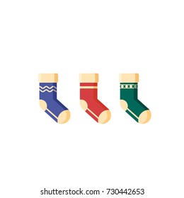 Flat christmas socks for presents isolated on white background. Xmas elements for greeting card, invitation, happy New Year