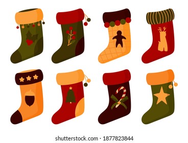 Flat Christmas socks set. Santa boots with fir-tree, star. Traditional retro Xmas stocking for gifts. Accessories for winter presents. Home decoration on New Year Isolated on white vector illustration