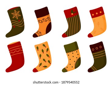 Flat Christmas socks set. Santa boot with snowflake, berry. Traditional retro Xmas stocking for gift. Accessories for winter presents. Home decoration on New Year Isolated on white vector illustration