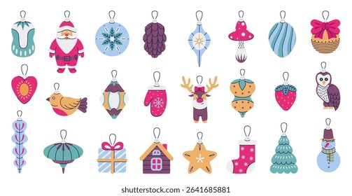 Flat christmas toys. Various retro xmas tree decorations. Glass toy santa, reindeer, owl, gift, mushroom. Winter holidays neoteric vector elements