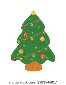 Árbol de Navidad plano con estrella de bombilla linda y bola para navidad afiche de la decoración del elemento de la pancarta aislado en fondo blanco