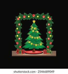 flat Christmas tree decoration on color background. Holiday fir tree garland, festive corner, Christmas wreath. Winter season frame, realistic spruce branch with Christmas lights and glow. 