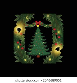 flat Christmas tree decoration on color background. Holiday fir tree garland, festive corner, Christmas wreath. Winter season frame, realistic spruce branch with Christmas lights and glow. 