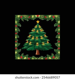 flat Christmas tree decoration on color background. Holiday fir tree garland, festive corner, Christmas wreath. Winter season frame, realistic spruce branch with Christmas lights and glow. 
