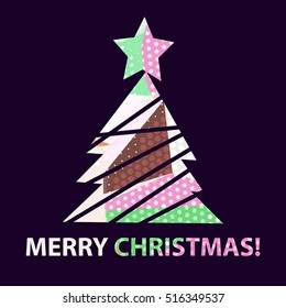 Flat christmas tree icon with colorful abstract pattern. Christmas background. Texture for New Year holidays and Christmas. Colorful background with simple stylized christmas tree.
