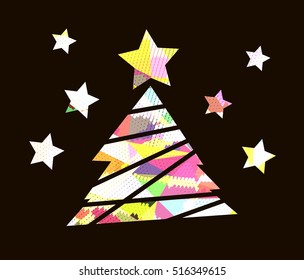 Flat christmas tree icon with colorful abstract pattern. Christmas background. Texture for New Year holidays and Christmas. Colorful background with simple stylized christmas tree.