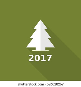 Flat Christmas Tree Icon on a Green  Background