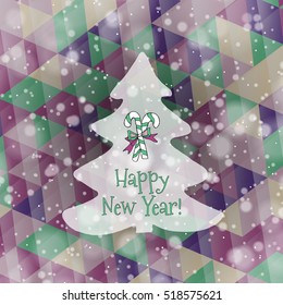 Flat christmas tree icon with triangles. Christmas background. Texture for New Year holidays and Christmas. Colorful background with simple stylized christmas tree.