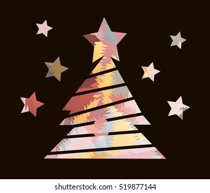 Flat christmas tree icon with triangles. Colorful background with simple stylized christmas tree.