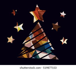 Flat christmas tree icon with triangles. Colorful background with simple stylized christmas tree.