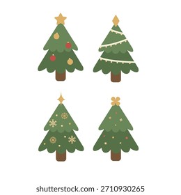 Conjunto de ícones de árvore de Natal plana. Símbolos festivos de férias de inverno. Bonito mão desenhado Xmas Árvore Coleção com ornamentos e estrelas.